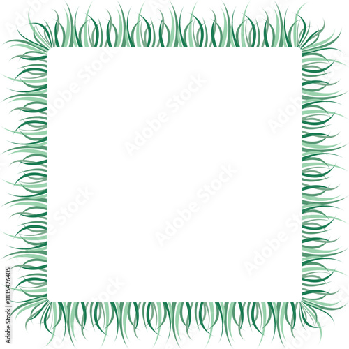 Green grass texture square frame with curved blades creating a natural border on white, ideal for spring design backgrounds