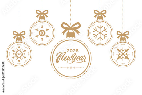 Elegant 2026 New Year greeting card with gold snowflake Christmas baubles and ribbon bows hanging on white background, minimalist festive holiday illustration ideal for seasonal invitations, banners a