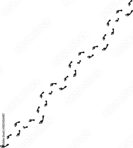 Footprint trail walking path in black on a clean white background, representing journey, direction, progress, and exploration.