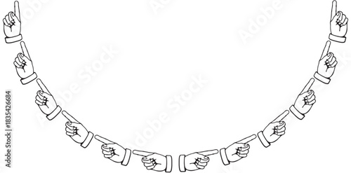 Arc of pointing hands illustration showing direction or selection. black and white line art vector graphic for design elements, isolated.
