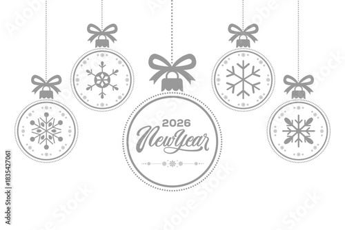 Elegant 2026 New Year greeting card with GREY snowflake Christmas baubles and ribbon bows hanging on white background, minimalist festive holiday illustration ideal for seasonal invitations, banners a
