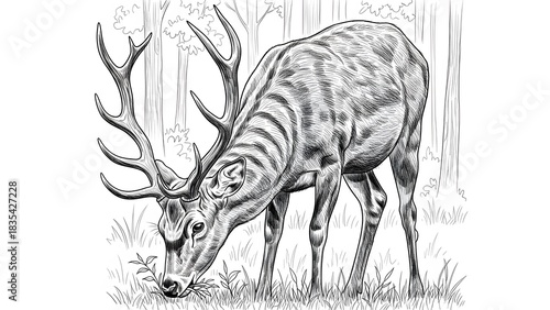 Majestic Deer Grazing in Forest - Hand-Drawn Line Art perfect for coloring book, tattoo design, educational material, website graphic, t-shirt print,