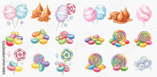 A vibrant collection of various sweet treats including colorful cotton candy, gooey caramel, assorted jelly beans, and swirl lollipops.