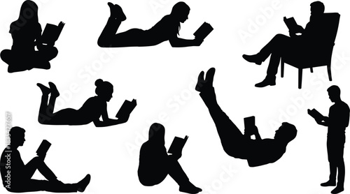 Black Silhouettes of People Reading in Diverse Relaxed Poses – Sitting, Standing, Lying Down – Book Lovers, Education, Leisure Concept