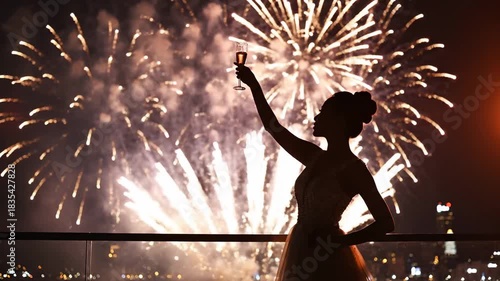 Woman in Silhouette Celebrates New Year with Fireworks Display.