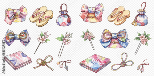 Watercolor illustration of traditional Japanese accessories including obi, geta, kinchaku, and floral hairpins.