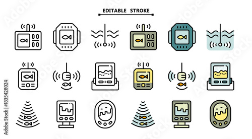 Fishing echo sounder color icons set. Editable stroke. Fish finder simple signs collection. Fishers equipment. Way to find fish. Efficient fishing. Vector illustration isolated on white. Digital gadge