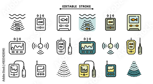 Fish finder icons set. Editable stroke. Depth finder. Fish searching. Digital echo sounder vector signs collection for web design isolated on white. Digital gadget, designed for web and app