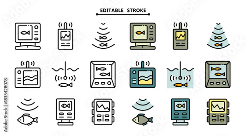 Fish finder icons set. Editable stroke. Depth finder. Fish searching. Digital echo sounder vector signs collection for web design isolated on white. Digital gadget, designed for web and app