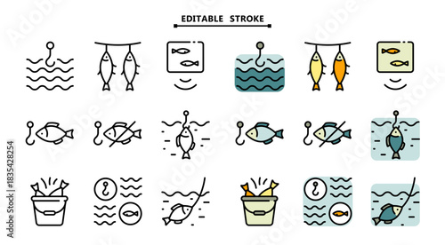 Various fishing related icons set. Editable stroke. Fishing Vector Color Icons. Catch seafood symbols. Vector Illustration. Isolated on White Background.