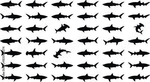 Silhouettes of sharks in varied poses including hammerhead and circular pair, showcasing species diversity and visual pattern contrast