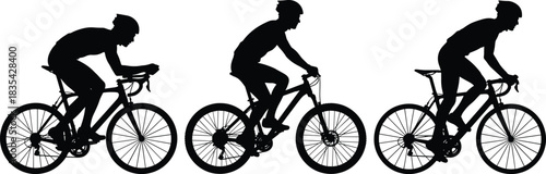 Silhouettes of three cyclists riding road, mountain, and hybrid bikes in distinct postures, showcasing cycling styles and equipment diversity