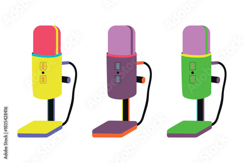 A set of bright microphones for gaming broadcasts. A modern microphone for podcasts and audio recording on a stand. Isolated vector illustration on a white background.