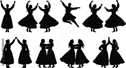 Silhouettes of traditional folk dancers in dynamic group and solo poses, showcasing cultural movement, coordination, and expressive dance styles