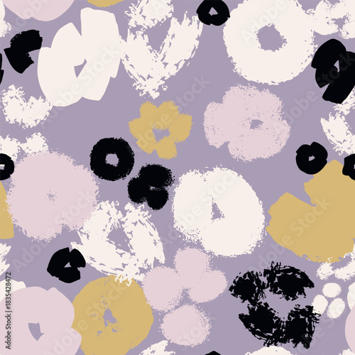Seamless abstract floral pattern featuring bold hand-painted textured shapes in pastel pink, mustard yellow, white and black on a lavender background. Ideal for textile prints, packaging, wallpapers, 
