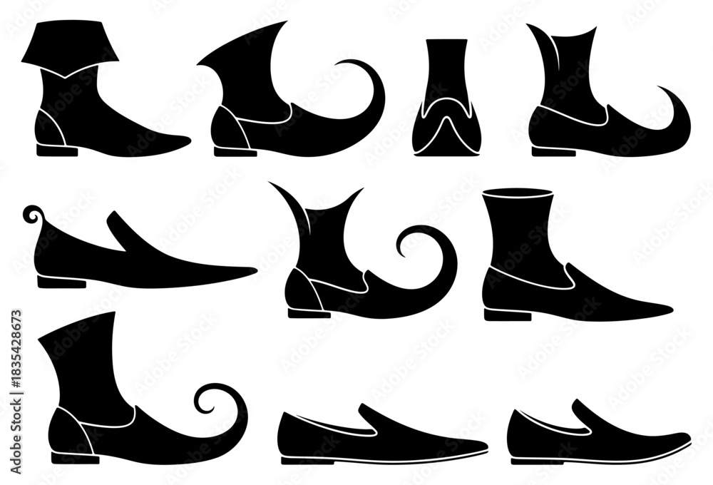 Fototapeta premium Collection of old medieval fantasy shoe and boot silhouettes with pointed toes