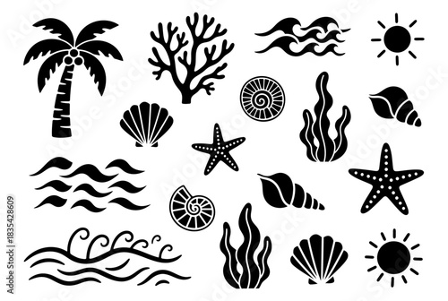 Tropical summer silhouette icon set of palm tree, coral, waves, sun, starfish, seaweed, and various sea shells like scallop, conch, and ammonite