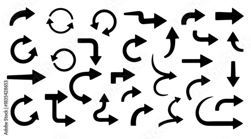 Collection of various black arrow icons including curved, straight, circular, and bent shapes