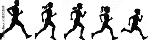 Set of Five People Running Silhouettes - Male, Female, and Children Jogging Vector