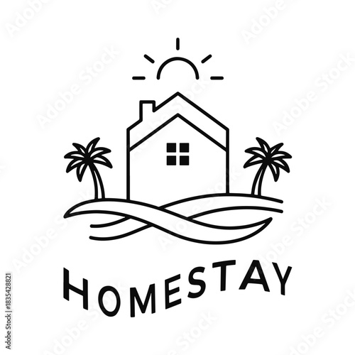 Simple line art logo of a house with palm trees and sun for homestay lodging accommodation