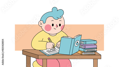 Boy with blue hair diligently studying at a wooden desk.