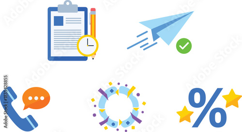 Collection of flat design business icons representing tasks, quick delivery, time management, customer service, celebration, and promotional sales or offers.