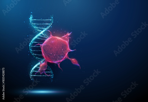 Red tumor with blue DNA. Cancer research, genetic analysis, molecular diagnostics, oncology study, precision medicine, biomedical investigation concept.