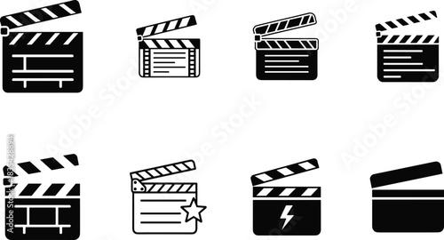 Collection of eight black and white clapperboard icons for film and video production
