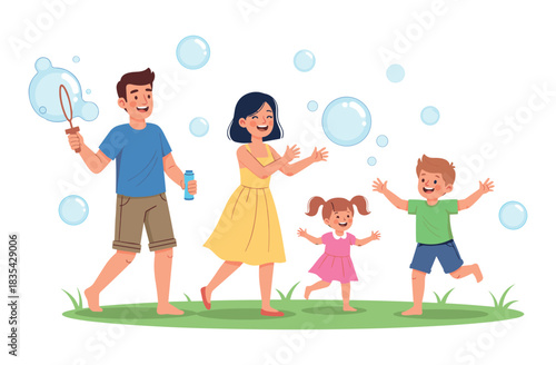 Happy caucasian family playing with bubbles outdoors: two adults and two kids enjoying summer fun