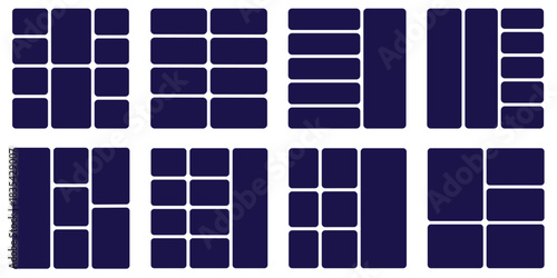 Image collage layout template. Beige mosaic mood board grid collection. Picture frame set. Photo album idea for banner, poster, comic page, flyer, brochure, booklet, memory wall design. Vector pack