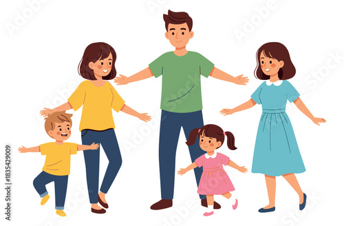 Happy family gathering with parents and children smiling and hugging