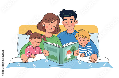 Caucasian family reading together in bed: parents with children enjoying storytime