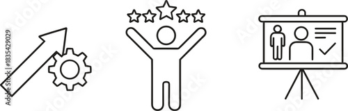 Icons representing business success, showing performance improvement with a rising arrow and gear, high customer rating, and a clear project presentation or goal setting.