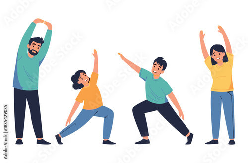 Diverse group exercising: caucasian male adult, hispanic female adult, hispanic child, caucasian child