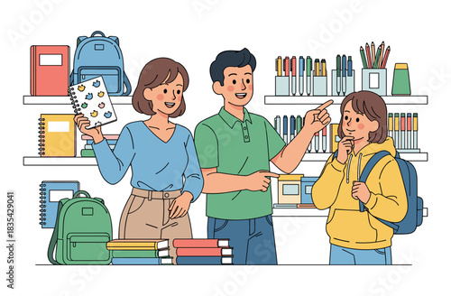 Three young adults shopping for school supplies in a store