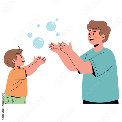 Father and son playing with bubbles: happy caucasian male child and parent interaction