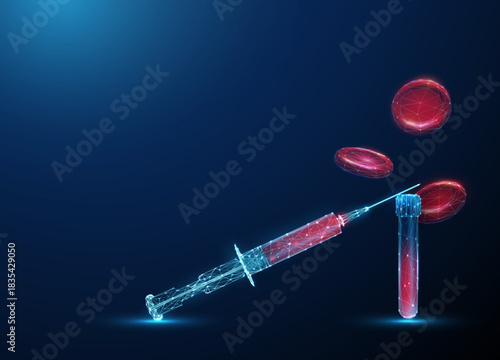 Syringe on blood test tube with flying red blood cells around. Concept of blood analysis, erythrocyte testing, medical diagnostics, hematology research concept