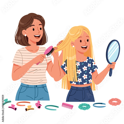 Young caucasian females enjoy hair styling with accessories and mirror