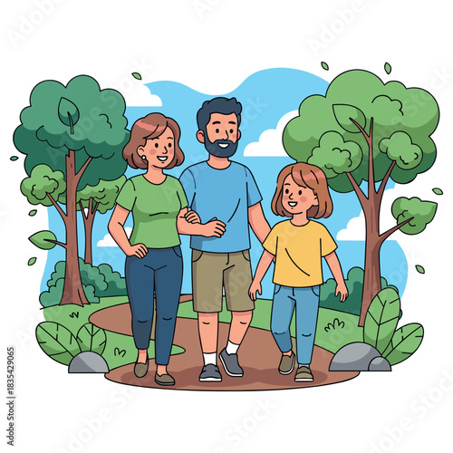 Happy family strolling in lush park: caucasian adults and child enjoying nature