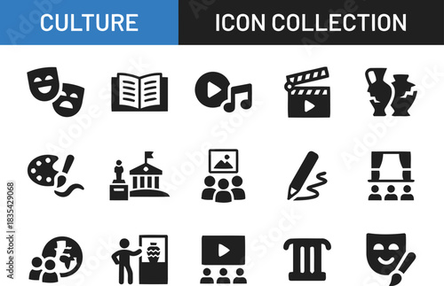 various, columns, people, performance, globe, world, research, education, design, black, aspects, artistic, film, tools., description:, glyph, entertainment, call, icons, collection, clapperboard, gal