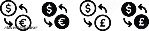 currency, exchange, money, finance, dollar, euro, pound, symbol, icon, transaction, trade, business, banking, international, conversion, comparison, financial, graphic, simple, black and white, isolat