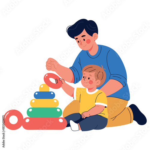 Asian male adult and young child playing with stacking toy