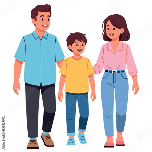 Smiling caucasian family walks together - parents and child enjoying quality time