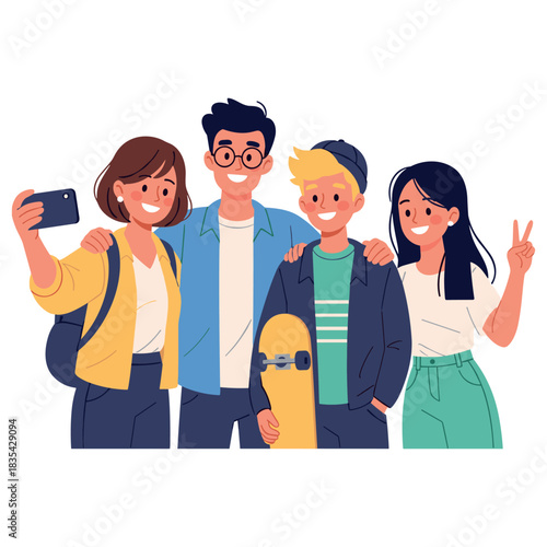 Diverse group of young friends posing for a selfie with a skateboard