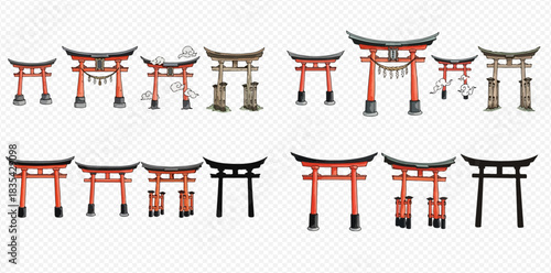 Collection of various traditional Japanese Torii gates in different styles and colors.