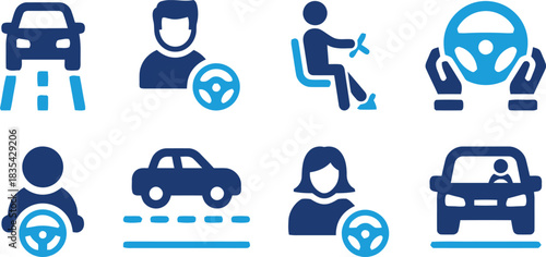 driving, car, auto, vehicle, transportation, icon, driver, steering wheel, road, traffic, person, man, woman, safety, journey, commute, travel, blue, white, graphic, symbol, silhouette, automobile
