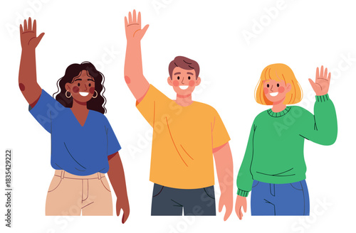 Diverse group of young adults waving happily