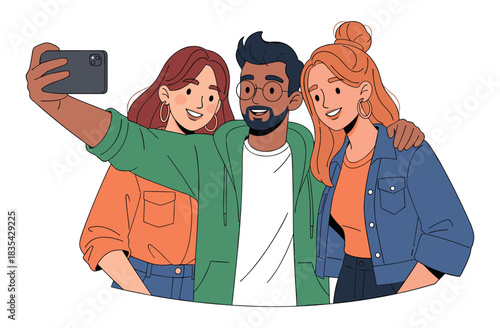 Diverse group of friends taking selfie together with smartphone
