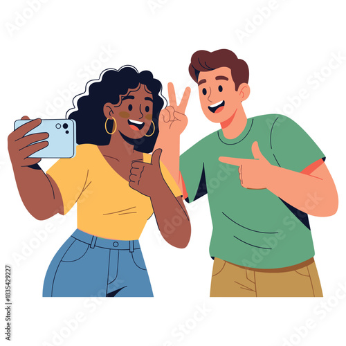Young african female and caucasian male friends taking a selfie and gesturing peace sign