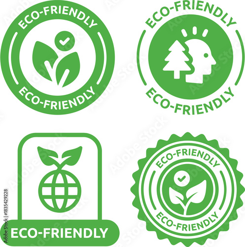 eco-friendly, green, environment, sustainability, nature, organic, recycle, leaf, tree, globe, head, idea, checkmark, badge, label, seal, stamp, circular, rounded, certification, approval, natural, he